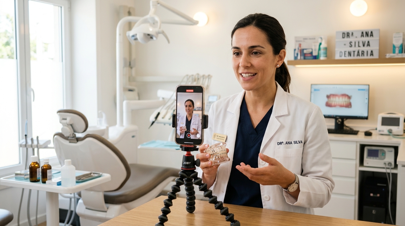 Médica dentista a gravar um pequeno vídeo explicativo no consultório, com telemóvel num tripé e equipamento clínico desfocado ao fundo