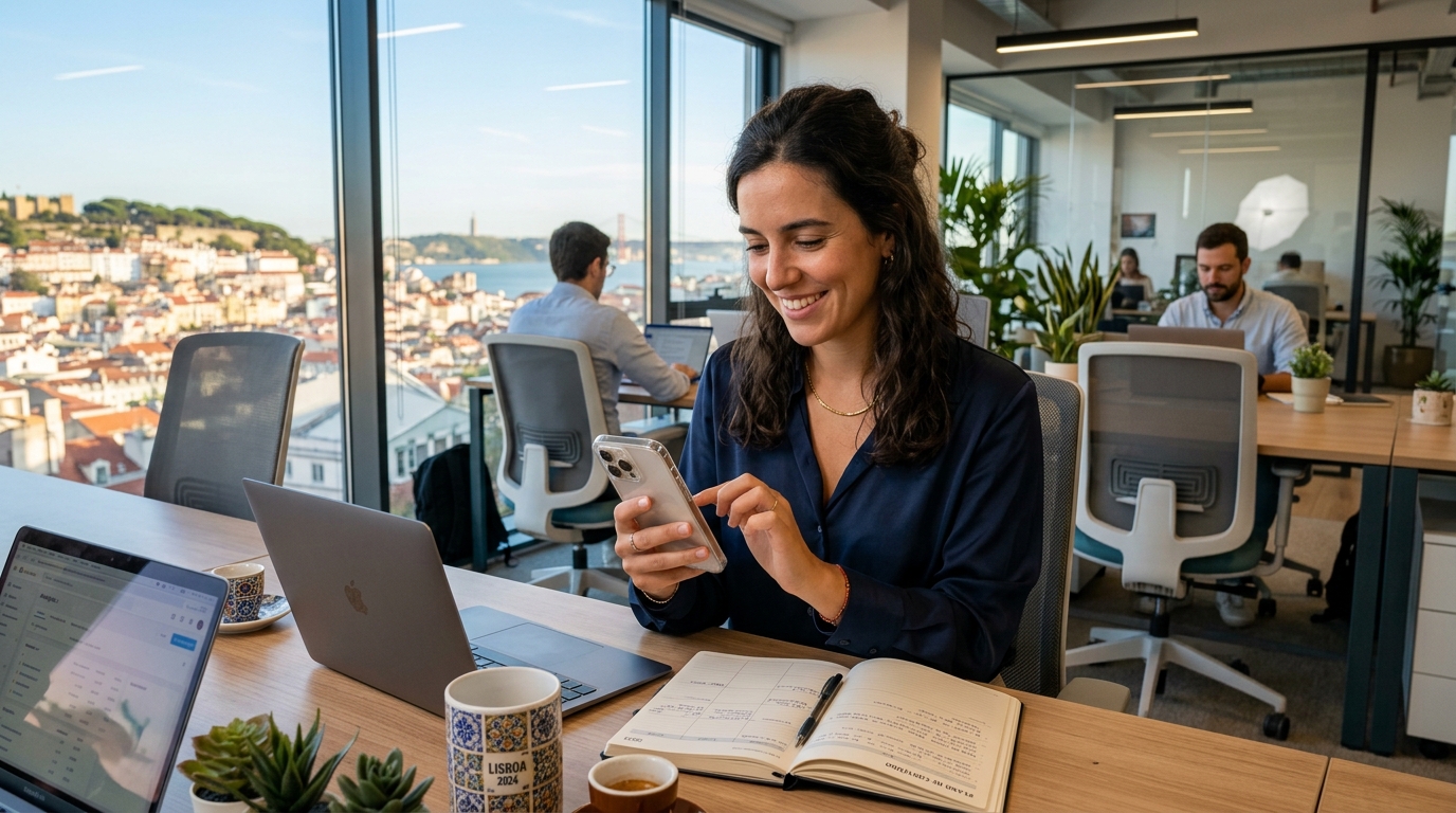 Profissional de marketing a gerir conteúdo de redes sociais no smartphone, com grelha do Instagram visível no ecrã, sentada numa secretária com notebook, ambiente de escritório moderno e iluminado em Lisboa