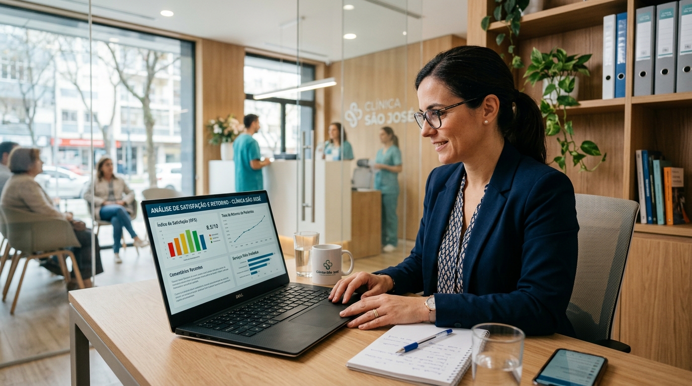 Fotografia de uma gestora de clínica a analisar métricas de satisfação e taxa de retorno de pacientes num computador portátil, com gráficos visíveis no ecrã, num escritório moderno