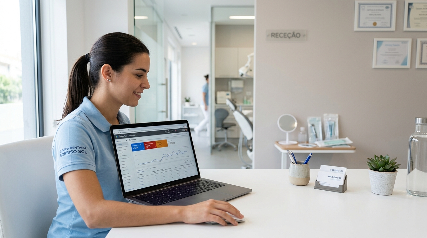 Fotografia de uma secretária moderna numa clínica dentária com um computador portátil aberto a mostrar um painel de controlo do Google Ads, com material clínico discreto em segundo plano, iluminação natural e ambiente profissional e clean