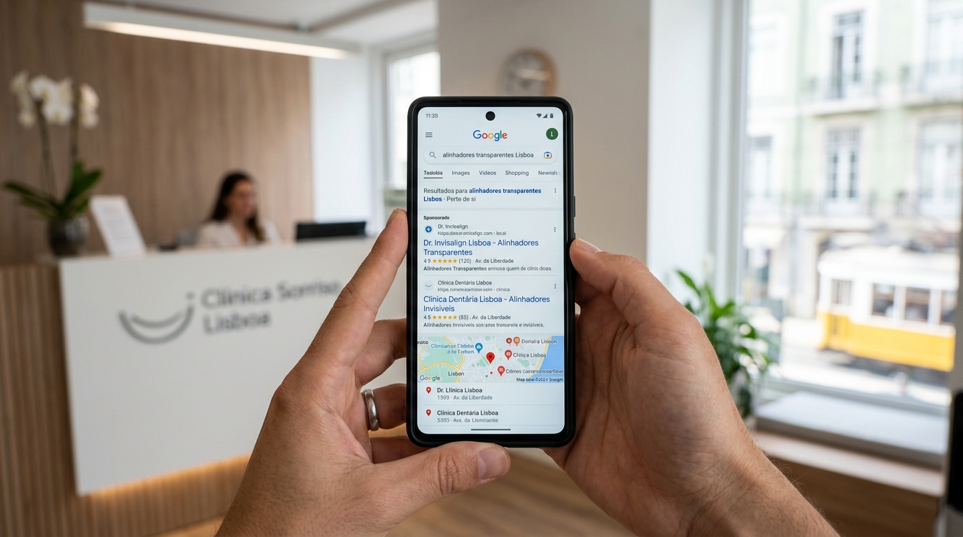 Fotografia de mãos a segurar um smartphone com resultados de pesquisa Google para alinhadores transparentes Lisboa, ambiente profissional e focado