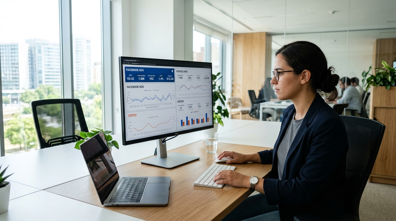 Fotografia de uma pessoa a trabalhar num computador com dashboards de campanhas de publicidade digital visíveis no ecrã, num escritório moderno e minimalista
