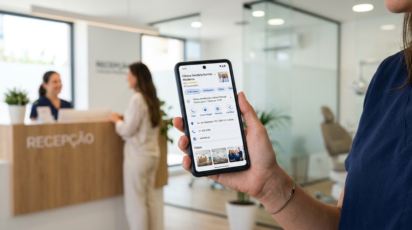Fotografia de um smartphone a mostrar o perfil Google Business de uma clínica dentária com avaliações de estrelas, fotografias e informação de contacto visíveis, fundo desfocado de ambiente clínico moderno