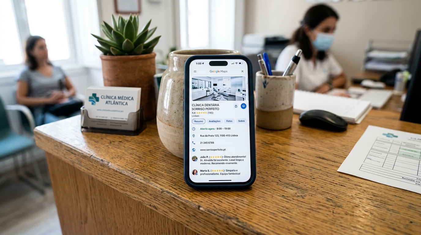 Fotografia de um smartphone em cima de uma secretária de clínica médica a mostrar o Google Maps com o perfil de uma clínica dentária portuguesa aberto, com avaliações e informações de contacto visíveis