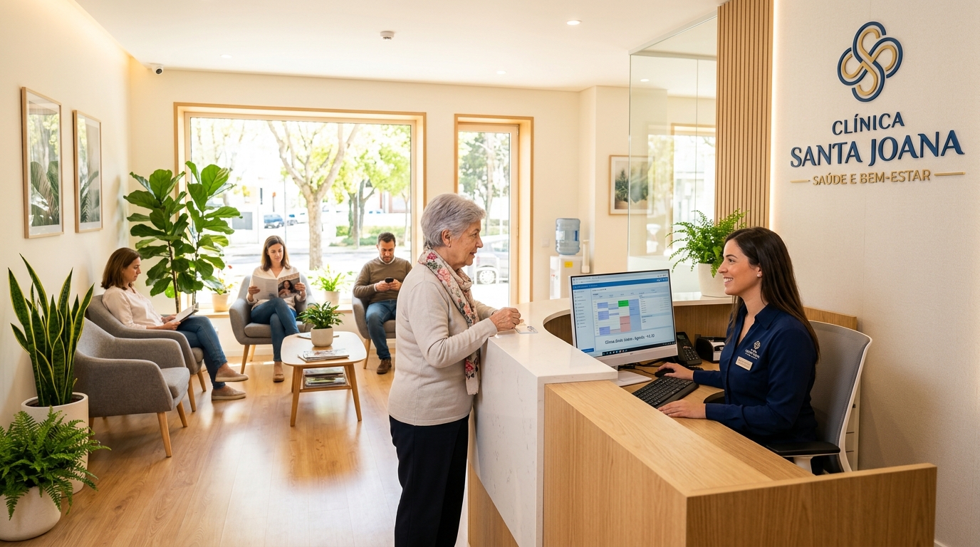 Fotografia de uma receção moderna e iluminada de uma clínica médica, com balcão de atendimento, plantas decorativas, cadeiras confortáveis na sala de espera e ecrã de computador visível, transmitindo profissionalismo e acolhimento
