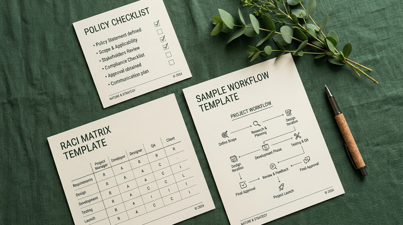 A flat lay of a printed policy checklist, a RACI table, and a sample workflow template on a linen surface with a pen and a sprig of green leaves