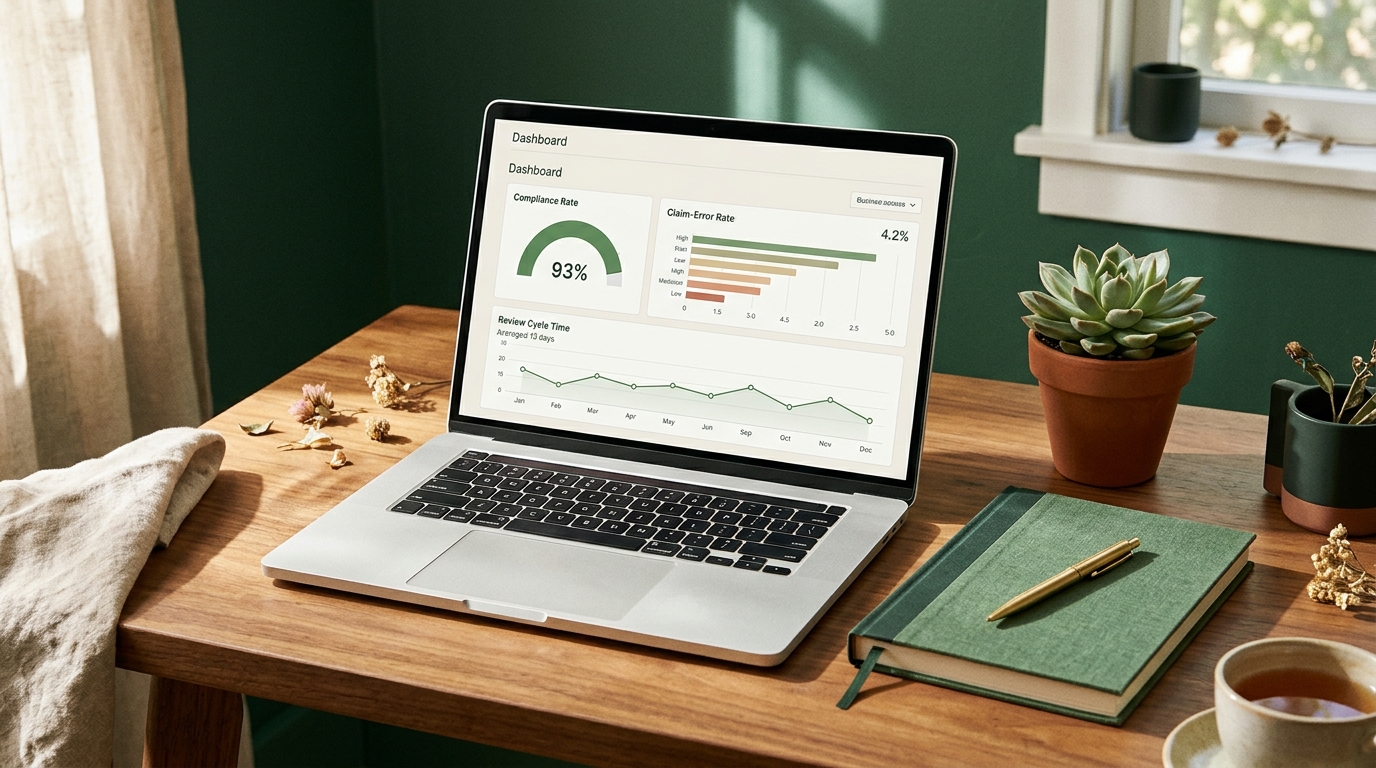 A laptop on a sunlit table displaying a clean dashboard with compliance rate, claim-error rate, and review cycle time charts, beside a notebook and a small green plant