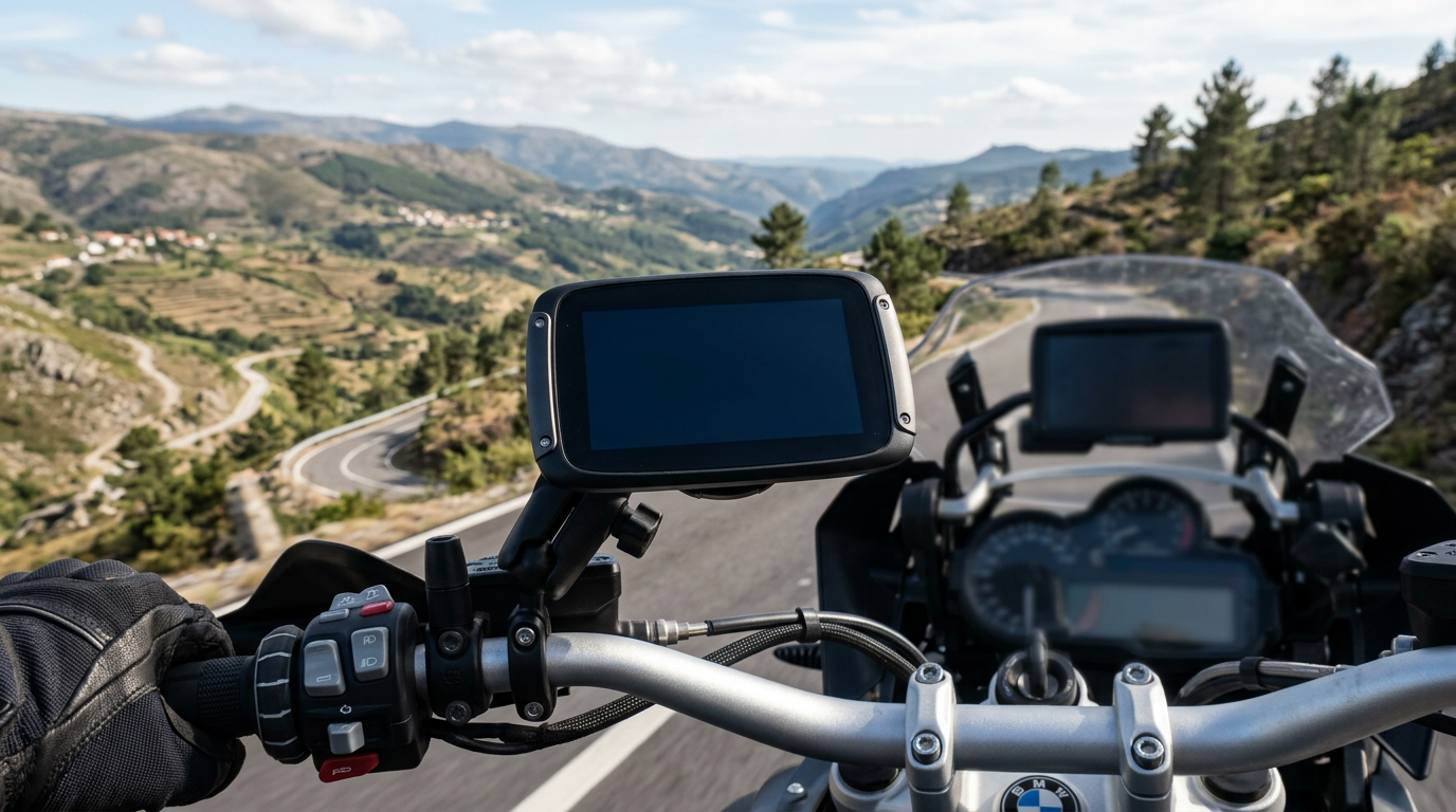 Close-up de um suporte de GPS instalado no guiador de uma moto em estrada de montanha portuguesa, com paisagem de serra ao fundo e luz natural