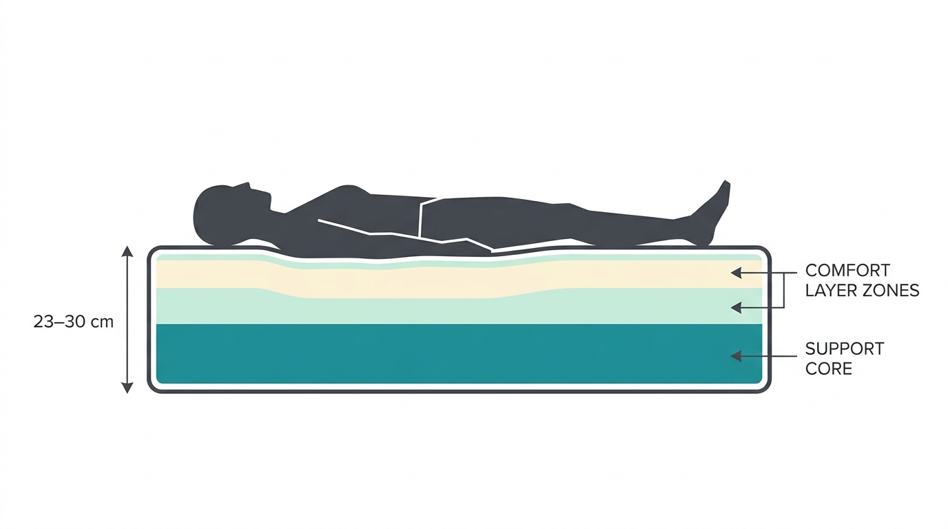Flat vector diagram in CLC brand style showing two faceless silhouettes lying side by side on a wide mattress cross-section, with labeled arrows indicating mattress height between 23–30 cm, comfort layer zones in pale mint and soft cream, and support core in teal. Landscape 16:9, generous whitespace, no text, orthographic side view
