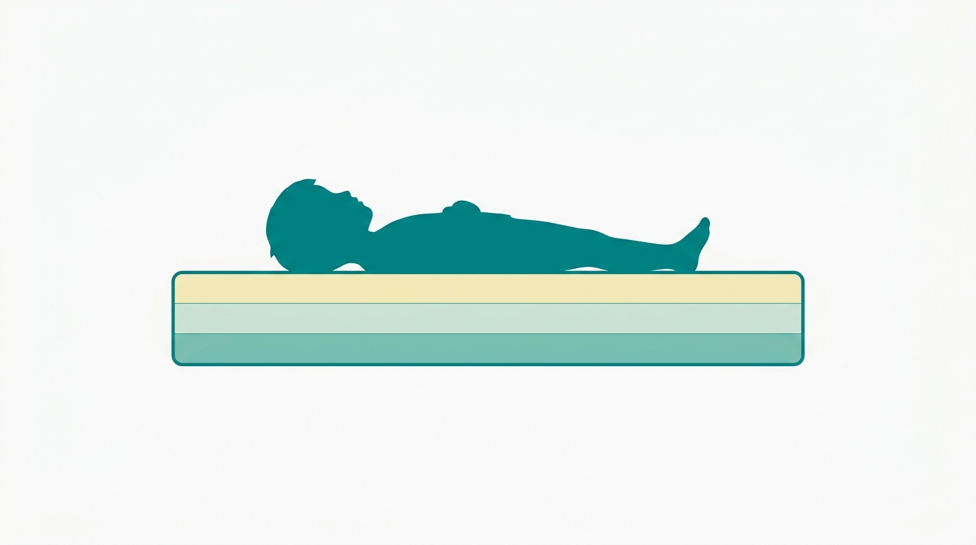 Ilustração editorial flat em estilo diagrama científico Colchões LowCost. Composição horizontal 16:9. Silhueta plana de criança deitada de costas sobre um colchão desenhado como retângulo limpo com proporção 6:1 largura/altura, com 3 camadas visíveis preenchidas em #F2E8B8, #CCE3D4 e #78C2B2, contornadas em #008282. A silhueta da criança é preenchida em #008282, sem rosto nem detalhes. Fundo #F9F9F9 com bastante espaço em branco. Sem texto, sem decoração, sem cenário de quarto.