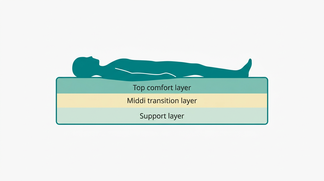 Flat vector diagram in landscape 16:9 format. A single mattress drawn as a clean horizontal rectangle with 6:1 width-to-height ratio, centered on an off-white (#F9F9F9) background. The mattress shows 3 clearly labeled horizontal layers: bottom support layer filled in #CCE3D4 (pale mint), middle transition layer in #F2E8B8 (soft cream), top comfort layer in #78C2B2 (soft teal). The mattress outline is drawn in #008282 (CLC teal). A faceless flat silhouette figure in #008282 lies horizontally on the mattress in a neutral sleeping position. Generous whitespace surrounds the composition. No text, no shadows, no gradients, no background props.