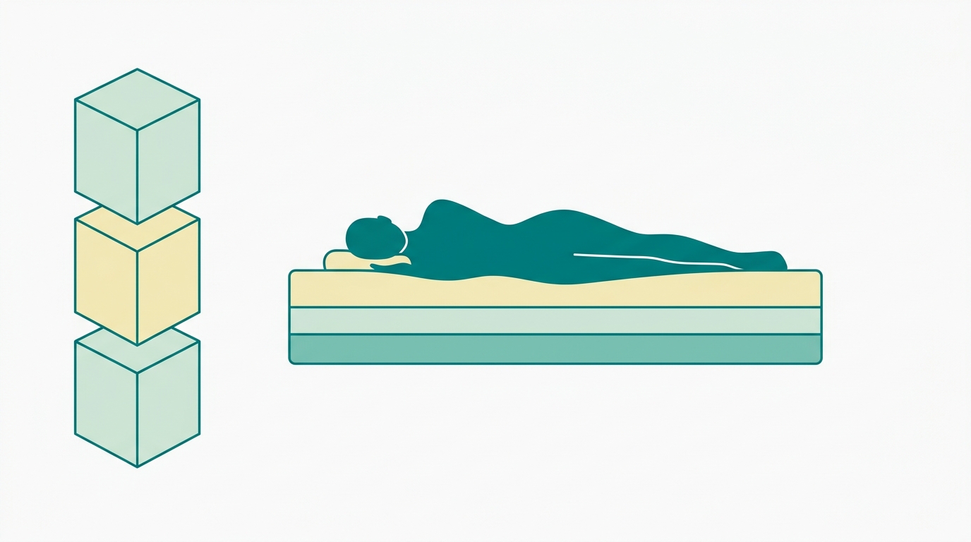 Diagrama editorial flat vector em paisagem 16:9. No centro, a silhueta faceless de uma pessoa deitada de lado sobre um colchão representado como retângulo horizontal com 3 camadas visíveis (fills em #F2E8B8, #CCE3D4 e #78C2B2, contornos em #008282). À esquerda da composição, três blocos geométricos minimalistas empilhados verticalmente simbolizando etapas de decisão: firmeza, certificação e entrega, cada bloco preenchido alternadamente em #CCE3D4 e #F2E8B8, com linha de contorno #008282. Fundo #F9F9F9. Espaço em branco generoso. Sem texto, sem ícones decorativos, sem detalhes de quarto.
