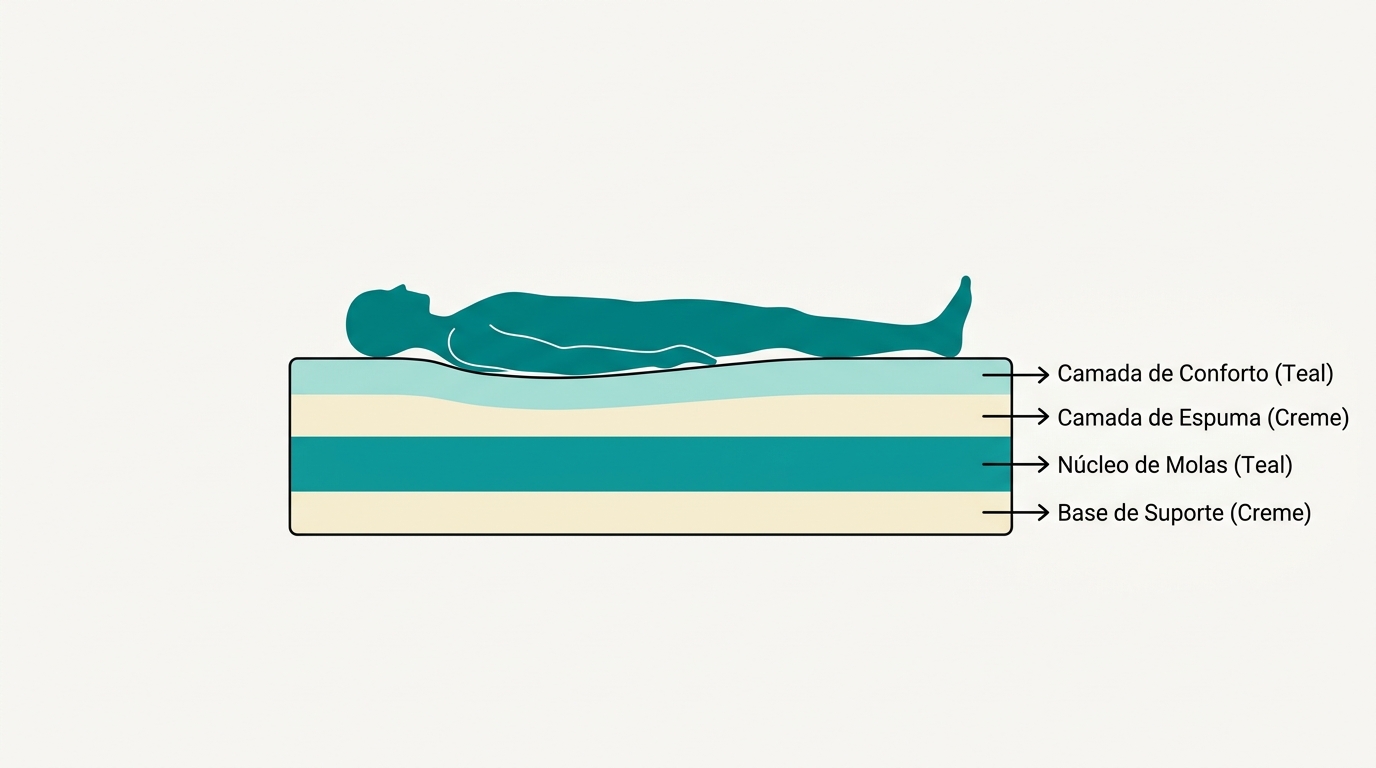 Vista lateral de uma cama representada como um rectângulo limpo e plano, com camadas internas visíveis a cores teal e creme, centrada em fundo off-white com generoso espaço em branco à volta. Uma silhueta genderless deitada em posição neutra sobre o colchão, preenchida a #008282. Setas simples apontam para diferentes camadas do colchão.