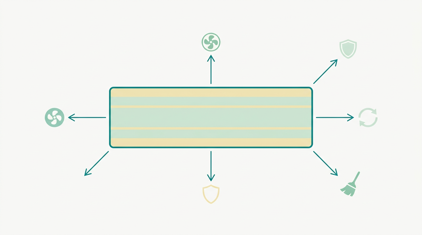 Flat vector diagram in landscape 16:9. A clean mattress cross-section (rectangle with 6:1 ratio) centered on an off-white (#F9F9F9) background. Four thin arrows in #008282 point outward from the four sides of the mattress, each ending in a small flat icon: a fan symbol (ventilation) in #78C2B2, a rotating circular arrow (rotation) in #CCE3D4, a shield outline (protection) in #F2E8B8, and a small broom silhouette (cleaning) in #78C2B2. Mattress layers filled alternately in #F2E8B8 and #CCE3D4, outlined in #008282. Generous whitespace, no text, no gradients, purely orthographic side view.