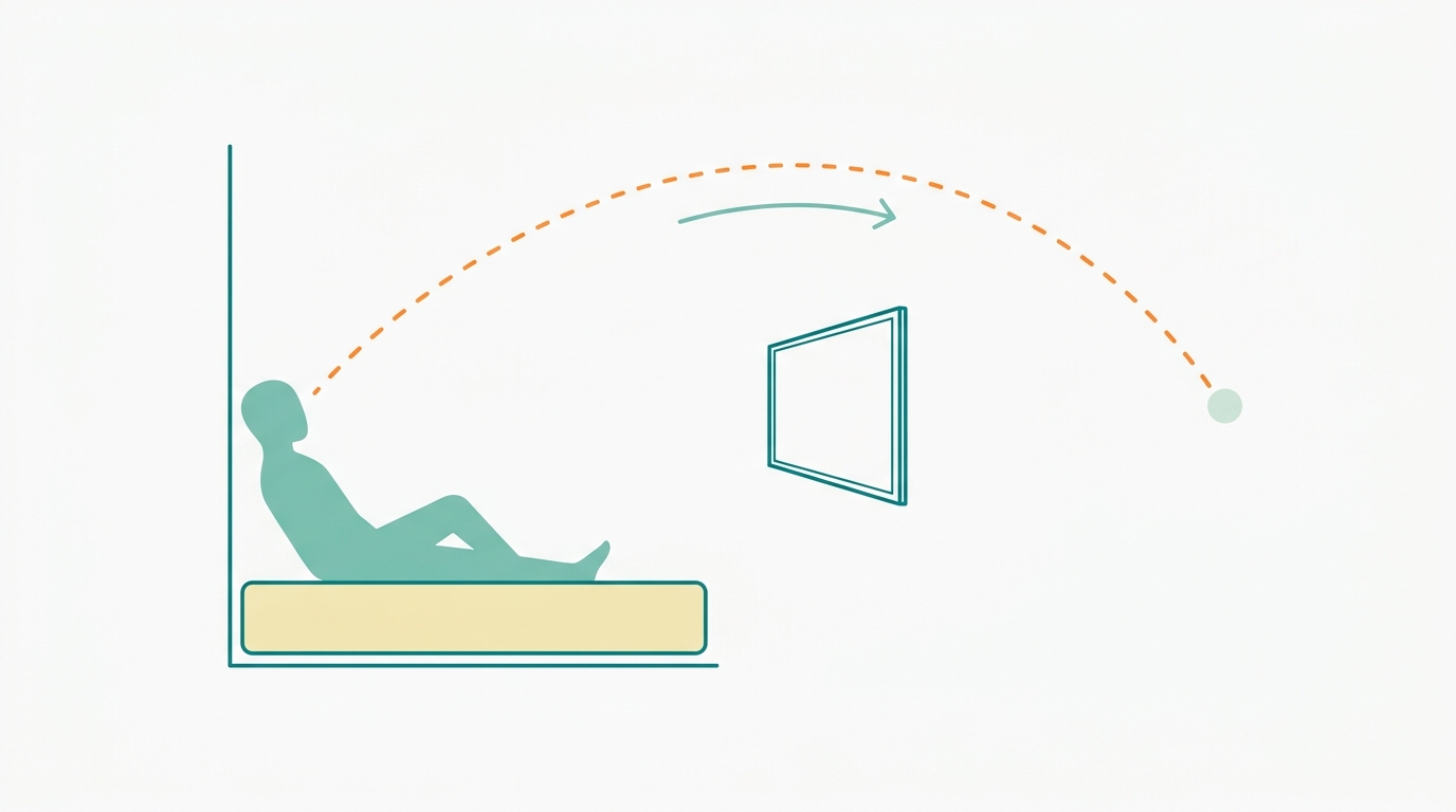 Flat vector diagram in landscape 16:9 on #F9F9F9 background showing a top-down or side-view of a bedroom: a flat rectangular mattress in #F2E8B8 outlined in #008282, a faceless silhouette in #78C2B2 lying semi-reclined, a TV rectangle on the wall in #008282 outline. A dashed arc line in #FF8A30 extends from the silhouette's head toward a distant point (small circle in #CCE3D4) far to the right of the TV, representing the 20-second gaze shift to a far point. A simple curved arrow in #78C2B2 shows the direction of the gaze shift. Background #F9F9F9, generous whitespace, no text, no numbers, no labels, orthographic composition.