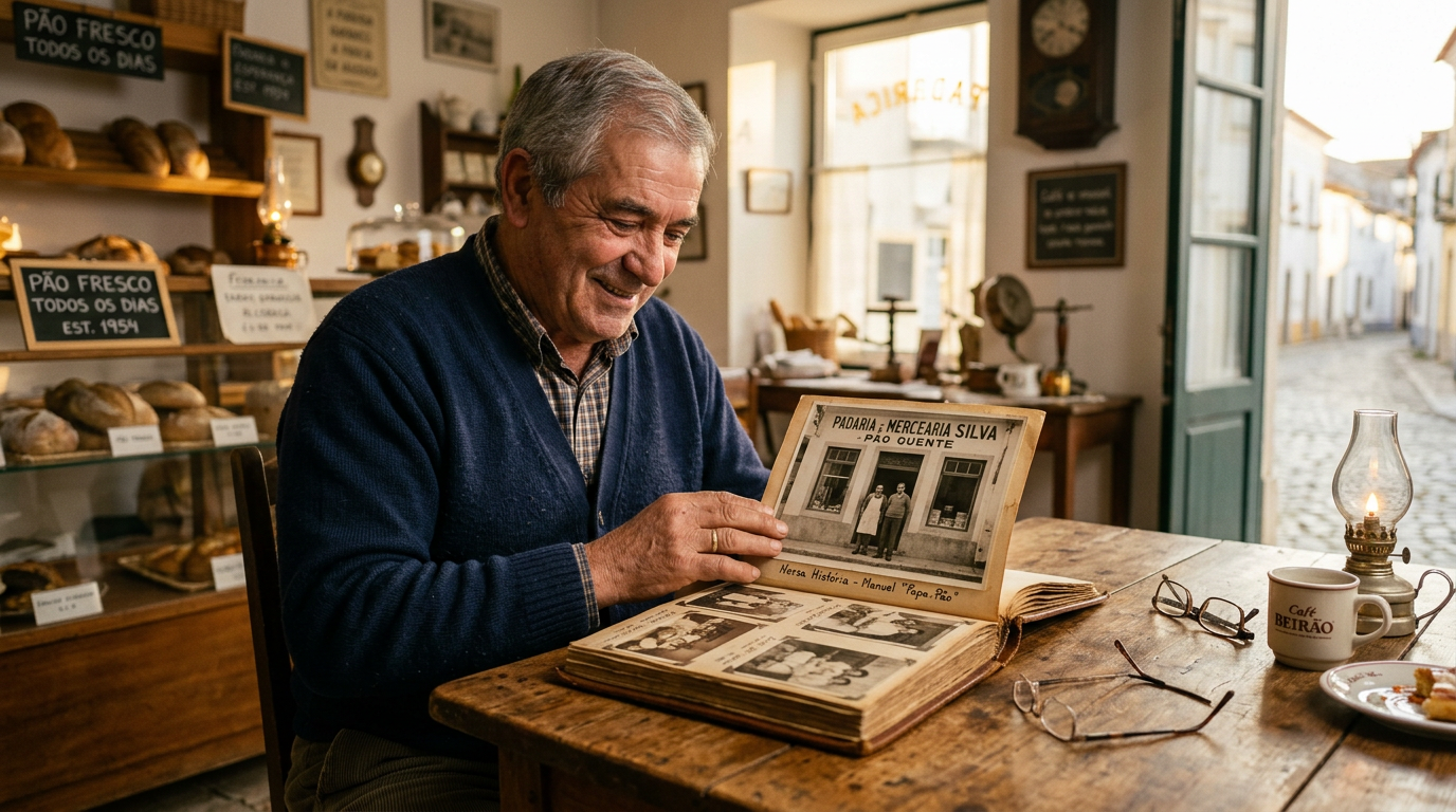 Dono de pequena empresa portuguesa a folhear um álbum de fotografias antigas do negócio numa mesa de madeira, com expressão nostálgica e orgulhosa, luz natural de fim de tarde
