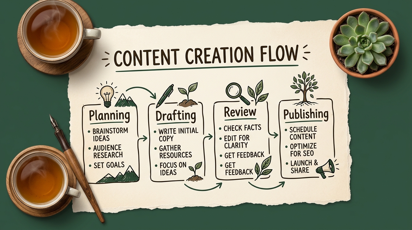 A hand-drawn workflow chart on cream paper showing planning, drafting, review, and publishing stages, with a pen, a cup of tea, and a small green plant beside it