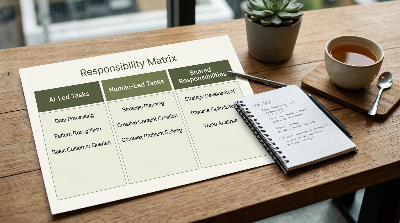 A printed responsibility matrix on a desk beside a notebook and a cup of tea, with three columns marked for AI-led, human-led, and shared tasks