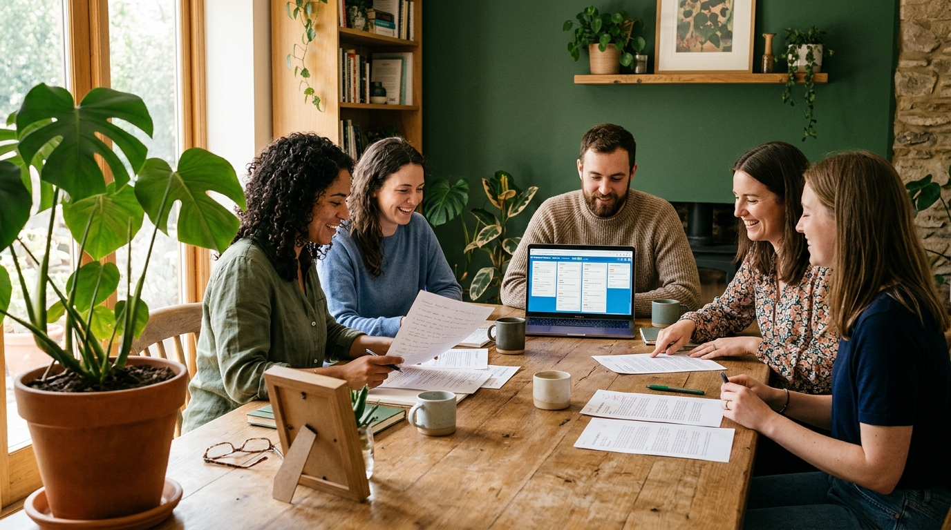 A marketing team around a sunlit wooden table reviewing printed article drafts beside a laptop showing a content pipeline board, with a potted plant in the foreground