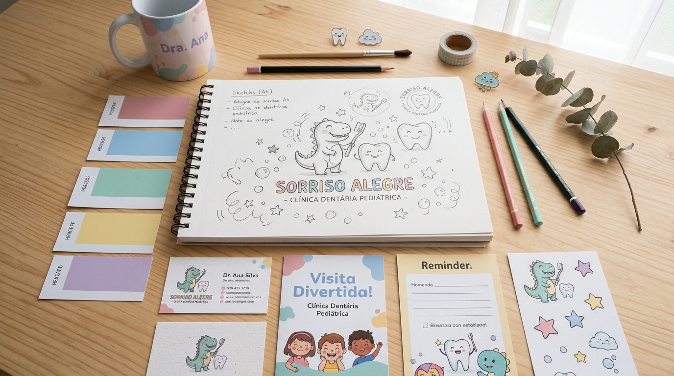 Mesa de trabalho com amostras de paleta de cores em tons pastéis, esboços de logotipo com elementos lúdicos infantis e amostras de materiais impressos para clínica dentária pediátrica, fotografia flat lay com iluminação suave
