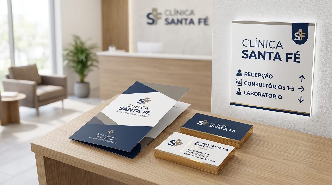 Fotografia de materiais de branding de uma clínica médica moderna — cartão de visita, folder e sinalética — com identidade visual coerente, cores neutras e tipografia profissional