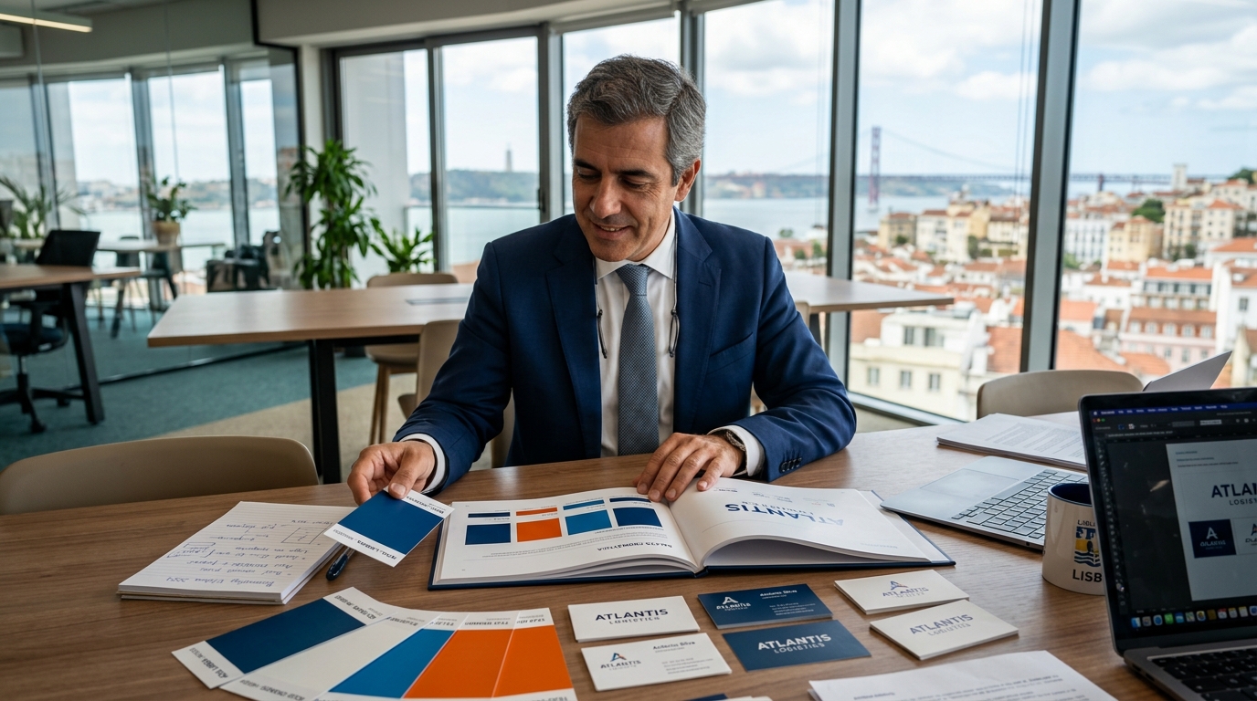 Fotografia de um empresário português a analisar materiais de branding numa mesa de reunião moderna em Lisboa, com amostras de cores, cartões de visita e um manual de marca aberto à sua frente