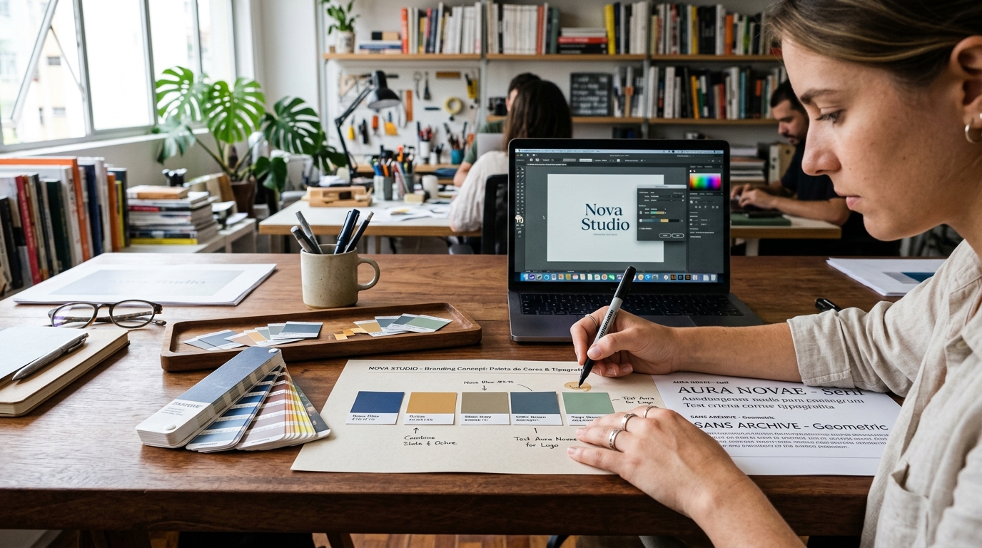 Fotografia em detalhe de um designer gráfico a trabalhar numa paleta de cores e tipografia para um projeto de branding, com amostras de cores físicas e um computador com software de design no fundo, num estúdio criativo