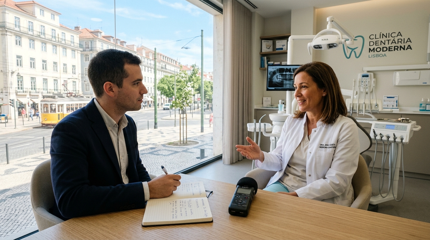 Fotografia de um jornalista a entrevistar um médico dentista numa clínica portuguesa moderna, com bloco de notas e gravador em cima de uma mesa, luz natural a entrar por uma janela ao fundo