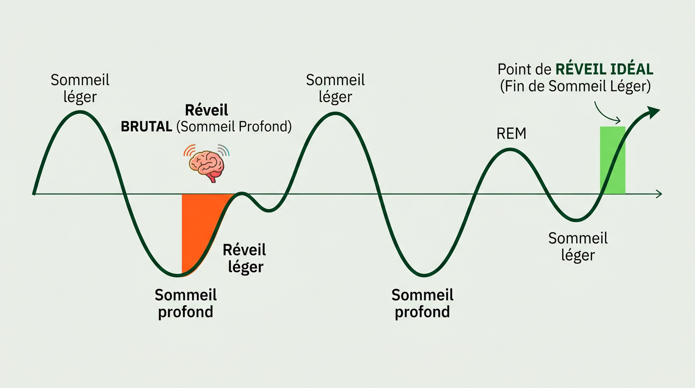 Diagramme scientifique horizontal sur fond #EBEFE8 représentant un cycle de sommeil simplifié (courbe sinusoïdale en #002B14 avec étiquettes : Sommeil léger, Sommeil profond, REM). Une zone colorée en #FE581B indique le point de réveil brutal en plein sommeil profond, avec une petite icône de cerveau en alerte à côté. Une zone en #76DB5D montre le point de réveil idéal en fin de cycle léger. Labels courts, typographie IBM Plex Sans, espace généreux.