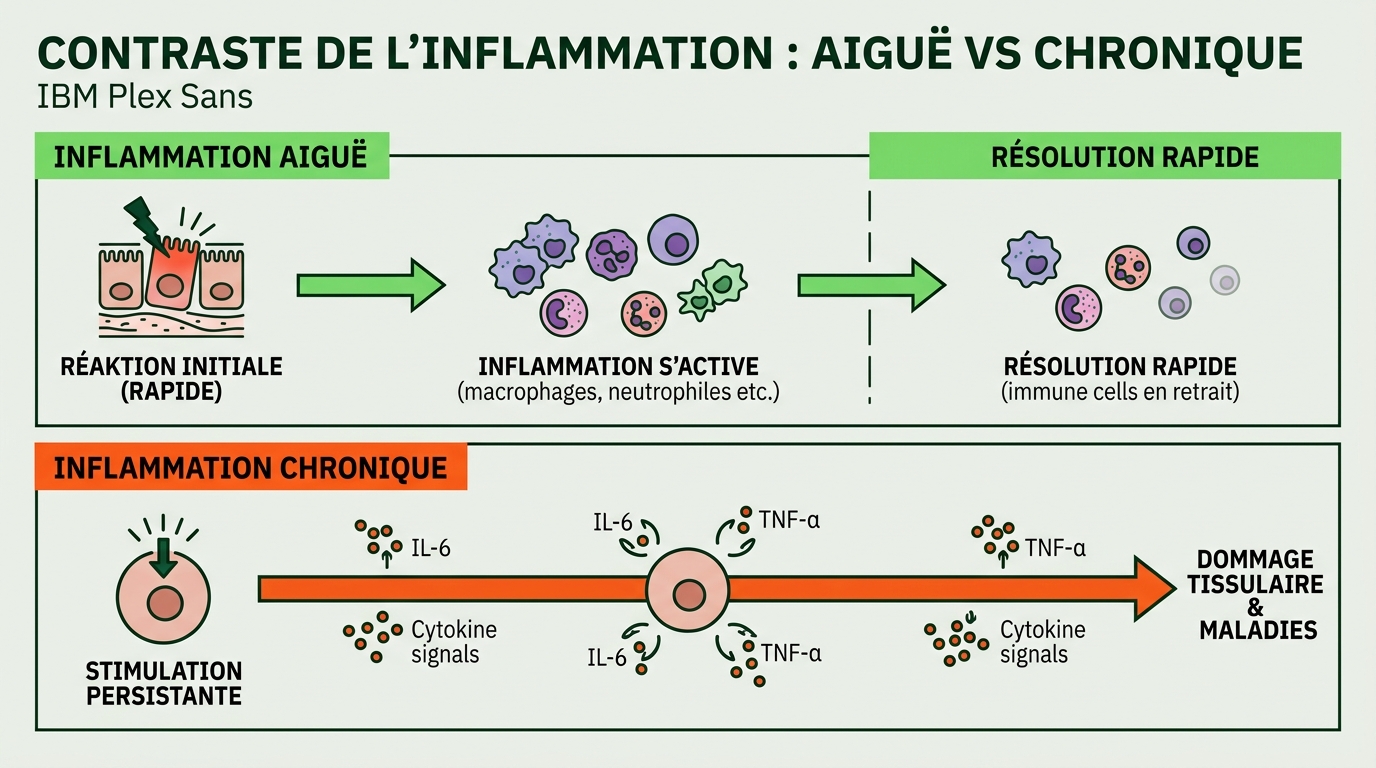 Diagramme scientifique éditorial en style flat vector illustrant le contraste entre inflammation aiguë (flèche courte, résolution rapide, icônes de cellules immunitaires actives puis en retrait) et inflammation chronique (flèche longue et continue, cytokines IL-6 / TNF-α représentées comme de petits signaux persistants autour d'une cellule tissu), fond #EBEFE8, lignes #002B14, accent vert #76DB5D pour la résolution aiguë, orange #FE581B pour la persistance chronique, typographie IBM Plex Sans, format paysage horizontal, très lisible sur mobile