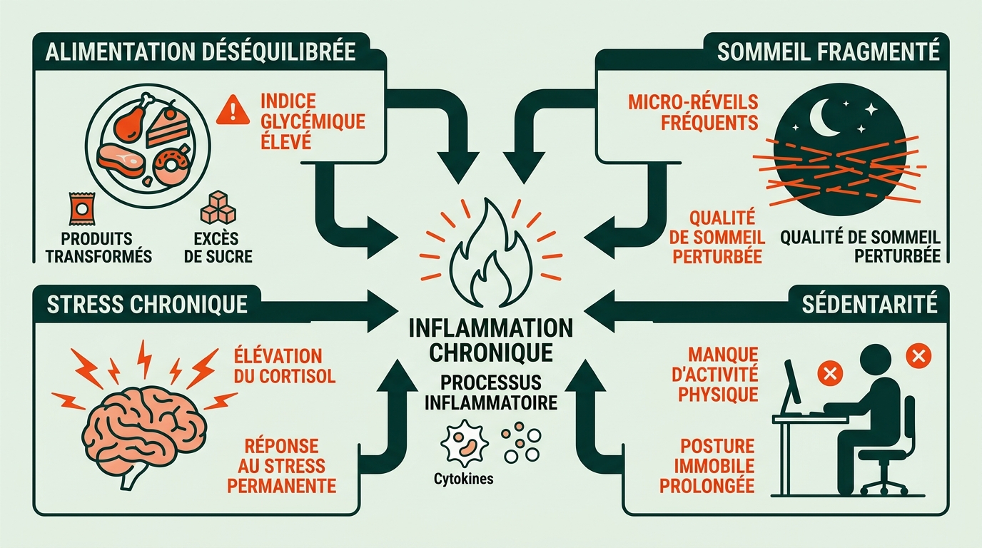 Infographie scientifique en style flat vector avec 4 zones distinctes représentant les 4 facteurs principaux d'inflammation chronique : alimentation (icône assiette déséquilibrée), stress (icône cerveau avec signal cortisol), sommeil fragmenté (icône nuit avec lignes de réveil perturbées), sédentarité (icône silhouette assise immobile), chaque zone reliée par des flèches vers une icône centrale représentant l'inflammation (feu stylisé minimaliste), fond #EBEFE8, lignes #002B14, accents #FE581B pour les facteurs négatifs, format paysage horizontal