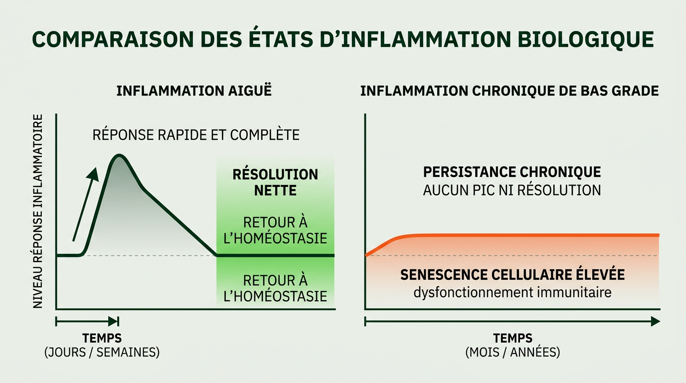 Diagramme scientifique en style éditorial flat vector montrant deux états biologiques comparés côte à côte : à gauche, une inflammation aiguë (réponse rapide, flèche montante brève puis descendante, résolution nette) ; à droite, une inflammation chronique de bas grade (ligne légèrement élevée, continue, sans pic ni résolution). Fond #EBEFE8, lignes et textes courts en #002B14, accent positif #76DB5D pour la résolution aiguë, accent #FE581B pour la persistance chronique. Typographie IBM Plex Sans. Format paysage horizontal.