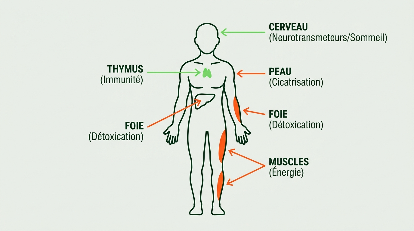 Infographie scientifique au format paysage horizontal. Sur fond #EBEFE8, représenter schématiquement un corps humain simplifié en ligne-art #002B14, avec des flèches élégantes pointant vers 5 zones : thymus (immunité), cerveau (neurotransmetteurs/sommeil), peau (cicatrisation), foie (détoxication), muscles (énergie). Chaque zone est reliée à un court label en IBM Plex Sans Condensed. Accent #76DB5D pour les connexions actives, #FE581B pour signaler les zones à risque de carence. Aucun texte long. Style éditorial scientifique français, minimaliste et très lisible sur mobile.