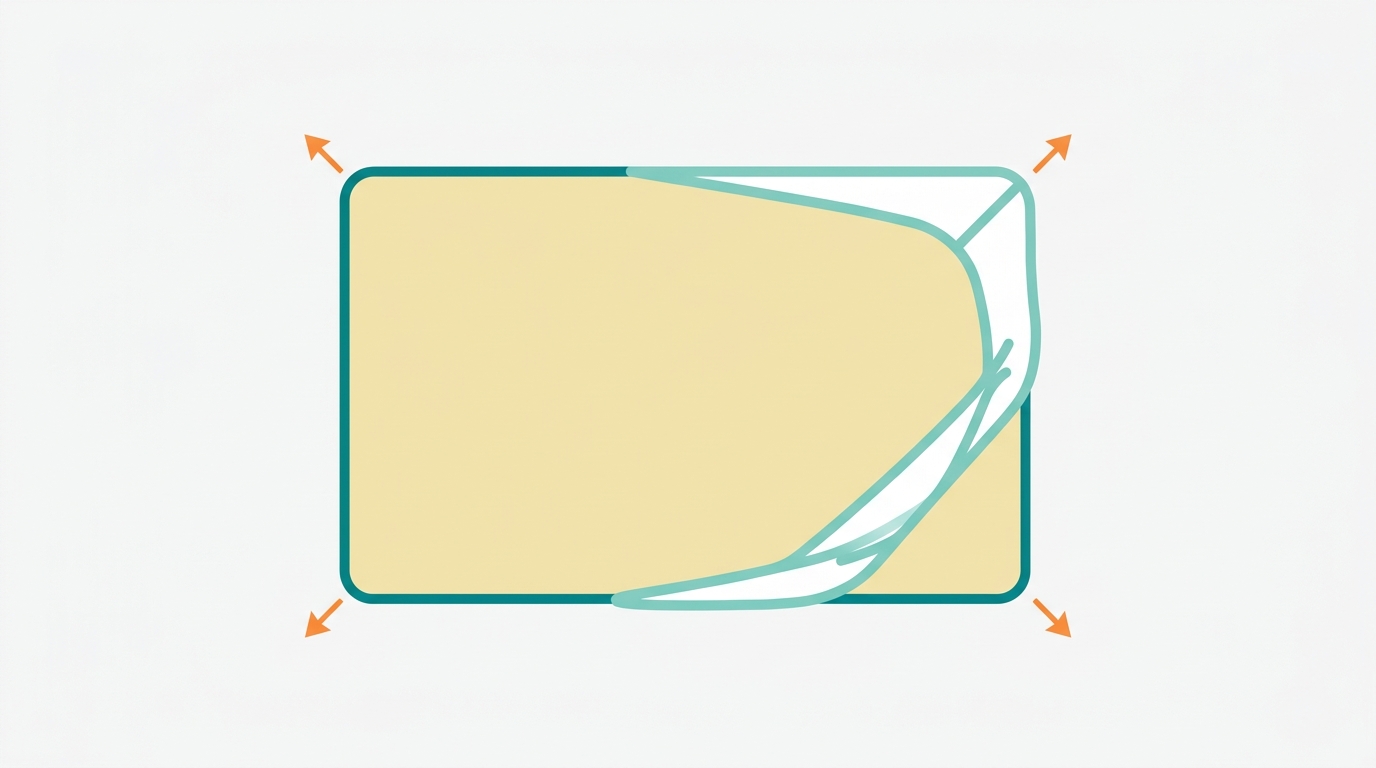 Flat vector diagram in landscape 16:9 showing a top-down view of a mattress rectangle (outline #008282, fill #F2E8B8) with a fitted cover being stretched over one corner. The elastic band of the cover is shown as a thick #78C2B2 line wrapping under the mattress edge at the corner. Small directional arrows in #FF8A30 indicate the pulling direction at each corner. Background #F9F9F9, generous whitespace, no text, no decorative elements.