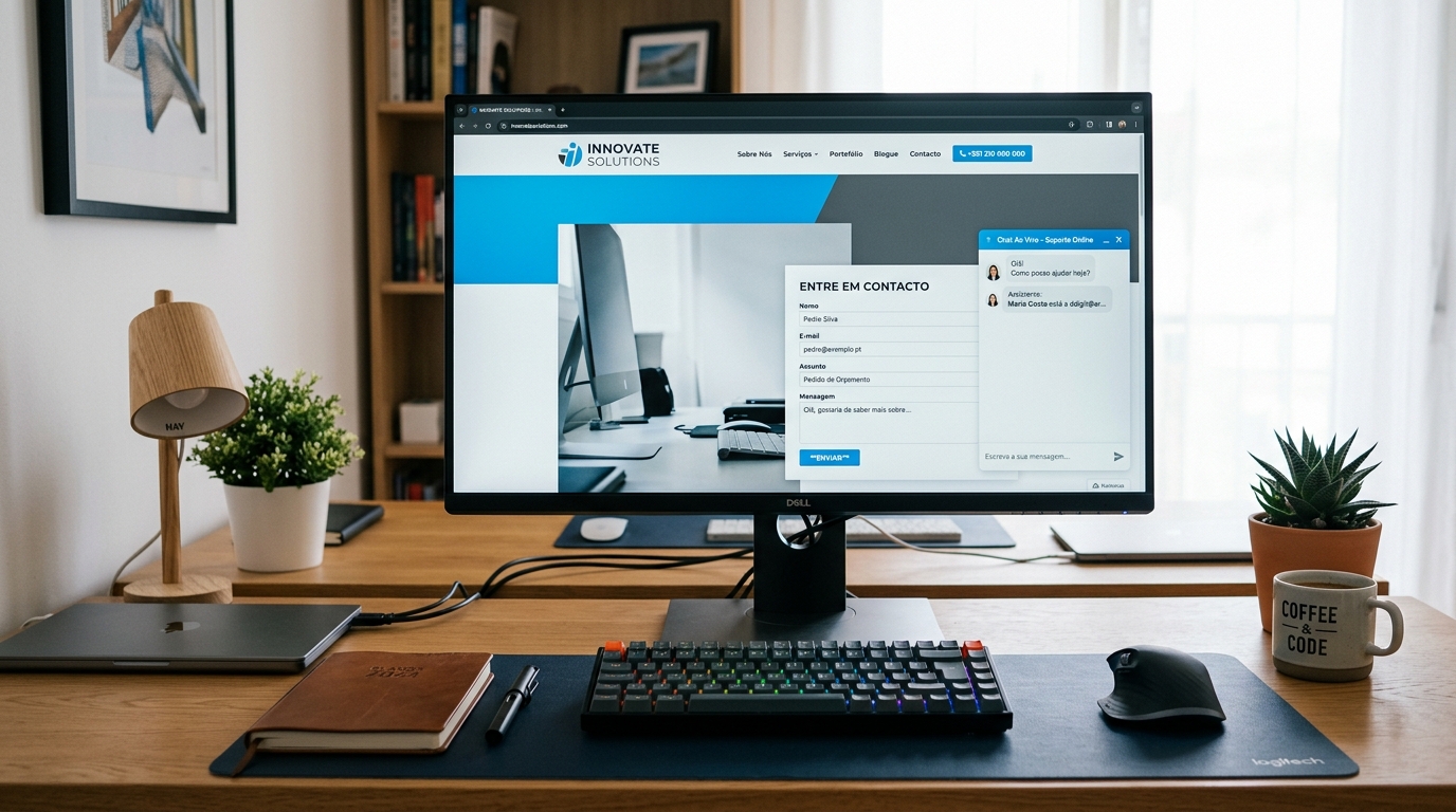 Fotografia de um ecrã de computador a mostrar um website profissional com um widget de chat ao vivo aberto e um formulário de contacto simplificado, sobre uma secretária organizada com acessórios de escritório modernos