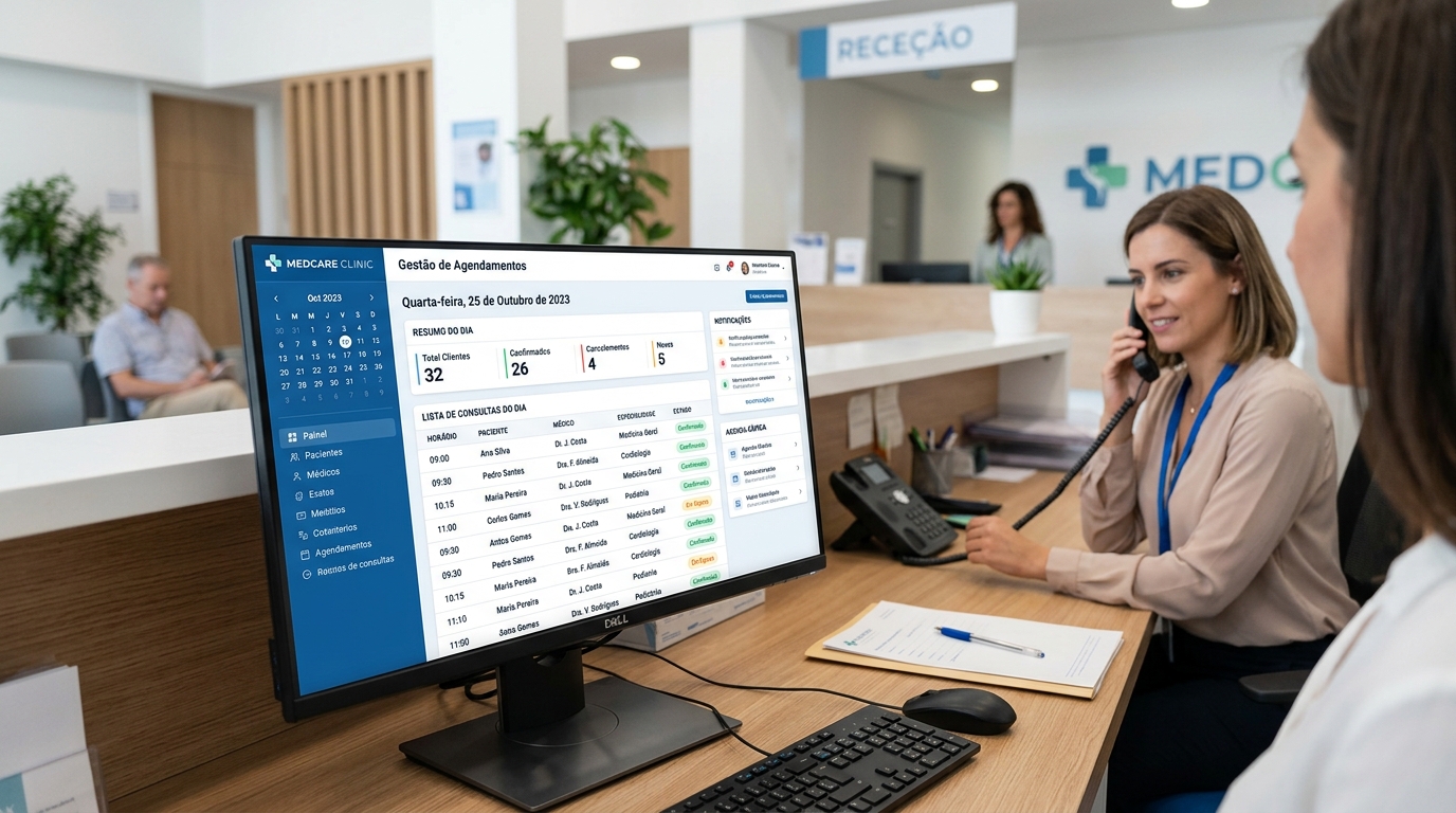 Fotografia de ecrã de computador numa receção de clínica a mostrar um dashboard de gestão de agendamentos com cores profissionais, calendário visível e lista de consultas do dia