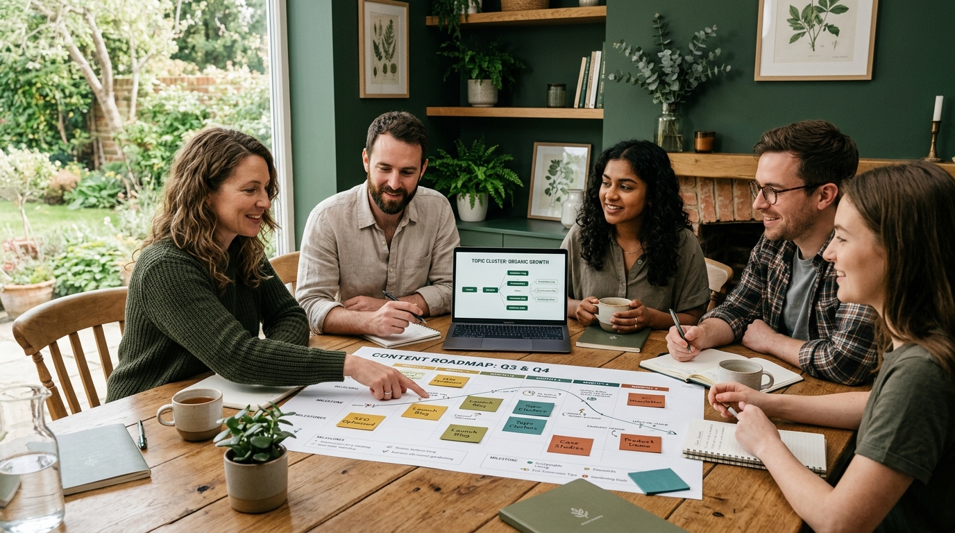 A marketing team gathered around a wooden table with a printed content roadmap, sticky notes, and a laptop showing topic clusters, soft natural daylight from a nearby window