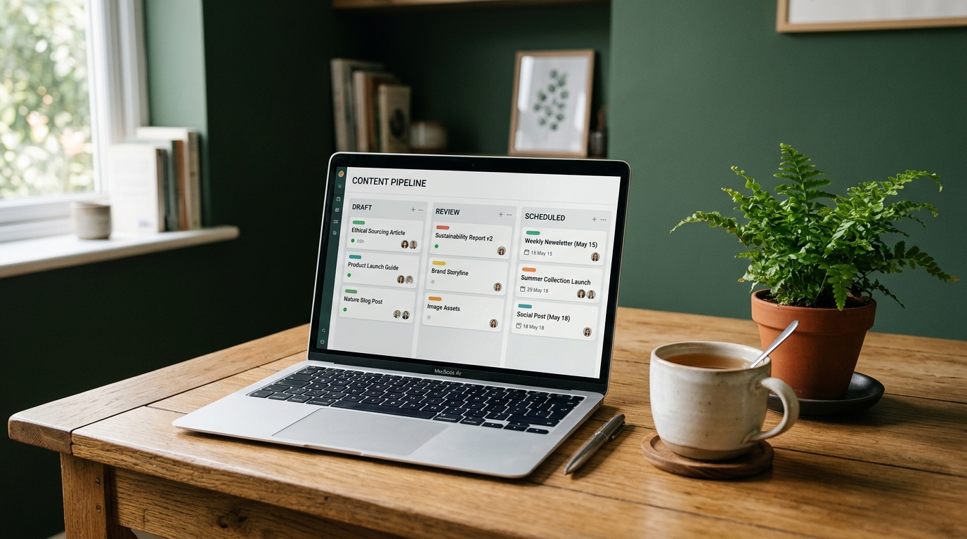 A laptop on a wooden desk showing a clean content pipeline with draft, review, and scheduled columns, beside a cup of tea and a small potted fern