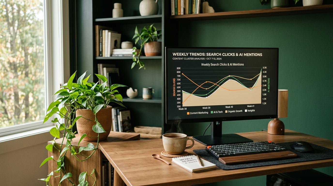 A analyst's desk with a monitor showing weekly trend lines for search clicks and AI mentions by content cluster, a cup of tea, and a trailing green plant