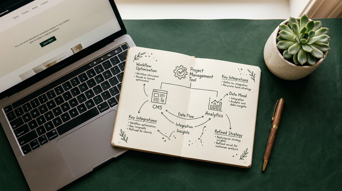 Overhead view of a notebook with a hand-drawn diagram linking project tool, CMS and analytics, next to a laptop and a small succulent