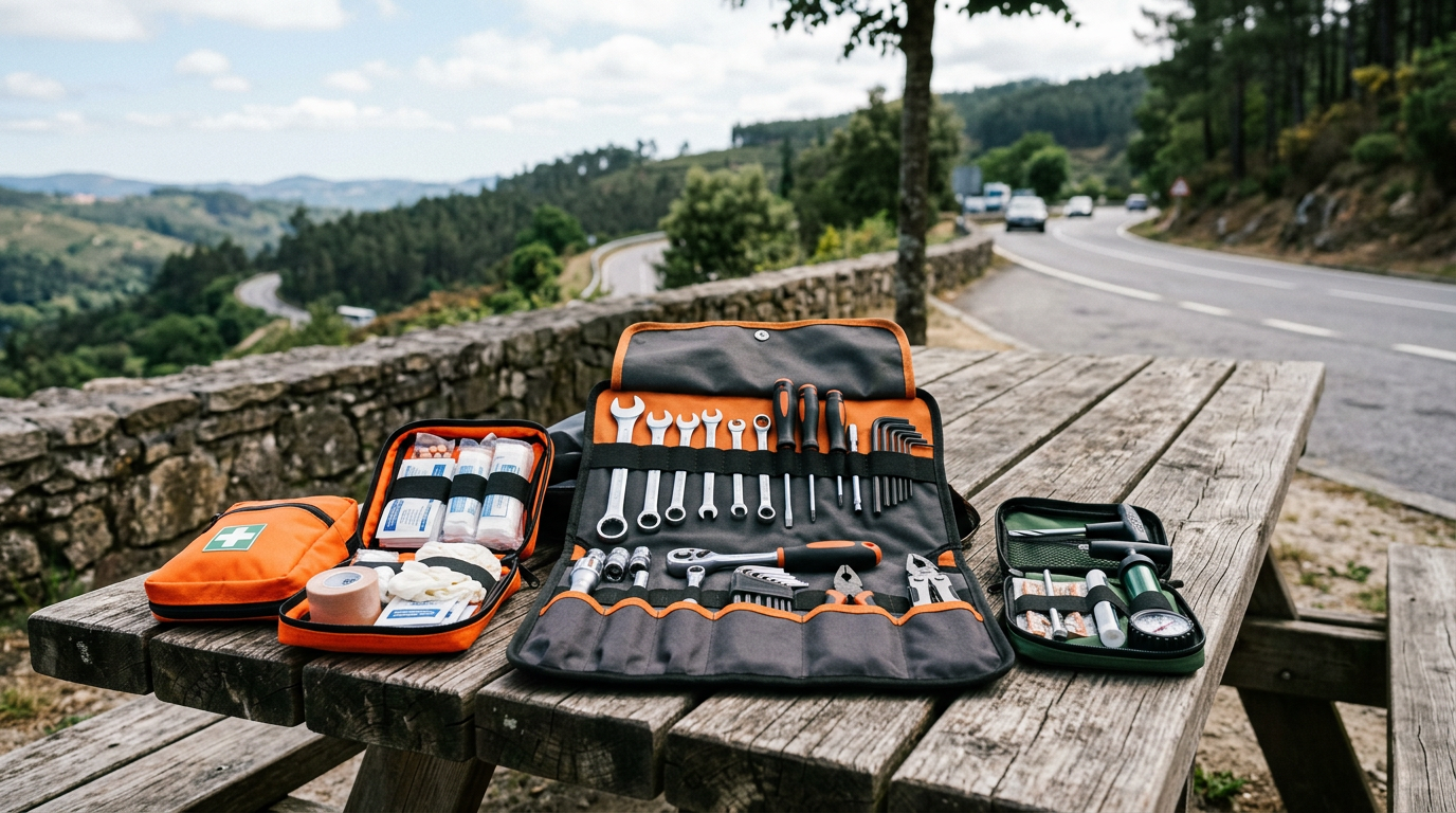Fotografia de um kit de emergência para moto disposto sobre um banco de madeira numa área de descanso, com ferramentas, kit de reparação de pneu e kit de primeiros socorros visíveis