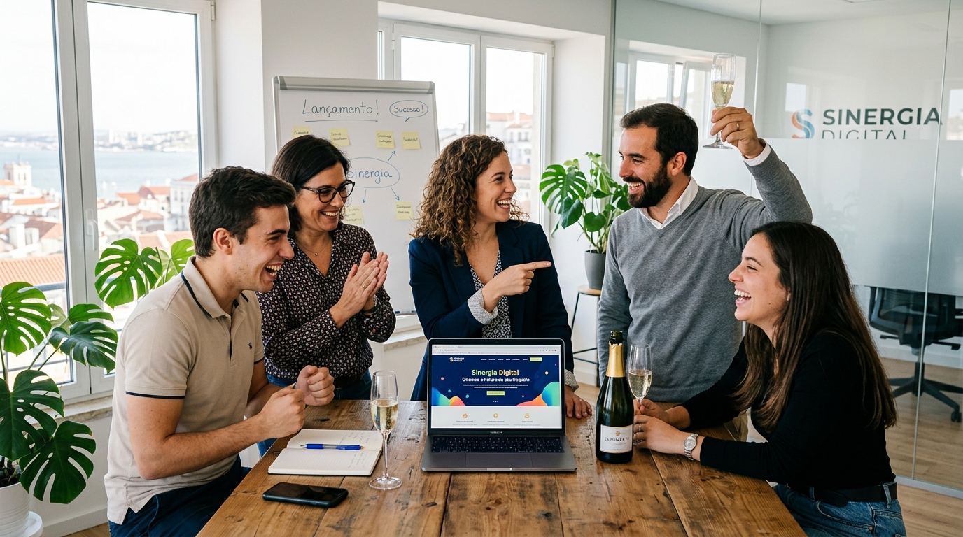 Fotografia de uma equipa pequena de negócio portuguesa reunida à volta de uma mesa, a celebrar o lançamento de um website num computador portátil, com expressões de satisfação e entusiasmo, num escritório moderno e luminoso
