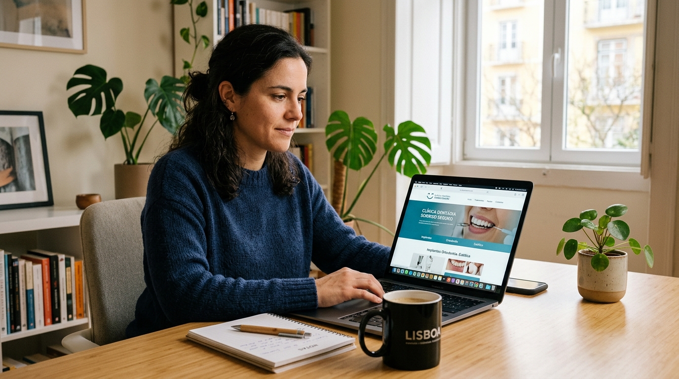 Fotografia de uma pessoa adulta a consultar um website de clínica dentária no computador portátil, mesa de trabalho limpa e organizada, expressão concentrada e tranquila, ambiente doméstico ou de escritório em Portugal