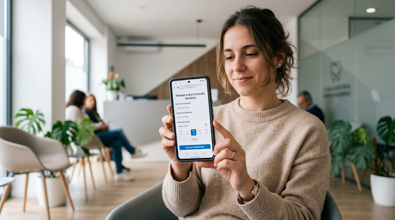 Fotografia de uma pessoa a segurar um smartphone com uma página de marcação de consulta dentária aberta no ecrã, ambiente moderno com fundo desfocado de clínica, iluminação suave e natural