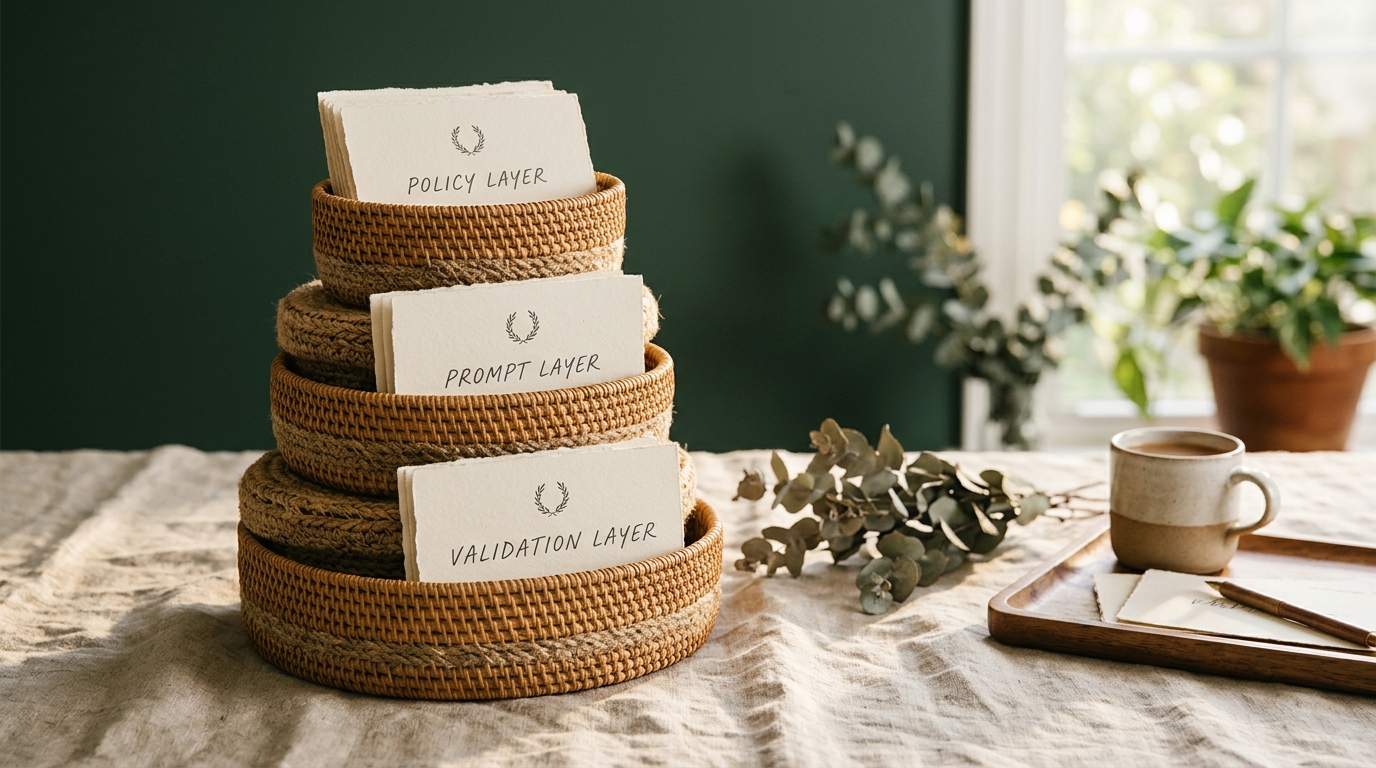 Three stacked woven baskets of increasing size holding labeled paper cards on a linen surface, representing policy, prompt, and validation layers, warm natural light