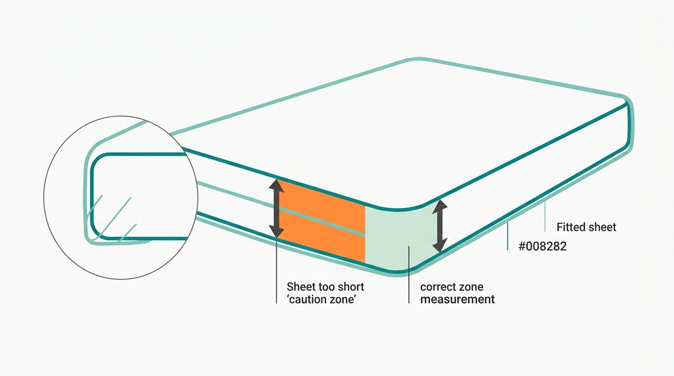 Flat vector diagram showing an isometric-style (but orthographic, 2D) cross-section of a mattress with a fitted sheet wrapping around it. The sheet corners are shown tucking under the mattress. Arrows indicate the mattress height measurement zone highlighted in #FF8A30 (caution zone) when the sheet is too short, and #CCE3D4 (correct zone) when properly fitted. Mattress outlined in #008282, sheet in #78C2B2, background #F9F9F9.
