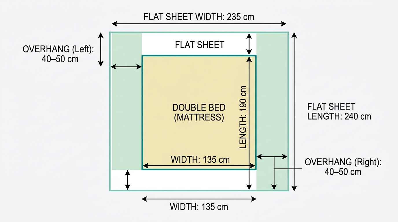 Flat vector top-down diagram showing a double bed (rectangle) with a flat sheet laid over it. Arrows on both left and right sides indicate the 40–50 cm overhang zones highlighted in #CCE3D4. The bed/mattress rectangle is filled in #F2E8B8 outlined in #008282. The sheet boundary line is in #78C2B2. Background is #F9F9F9 with clear measurement arrows.