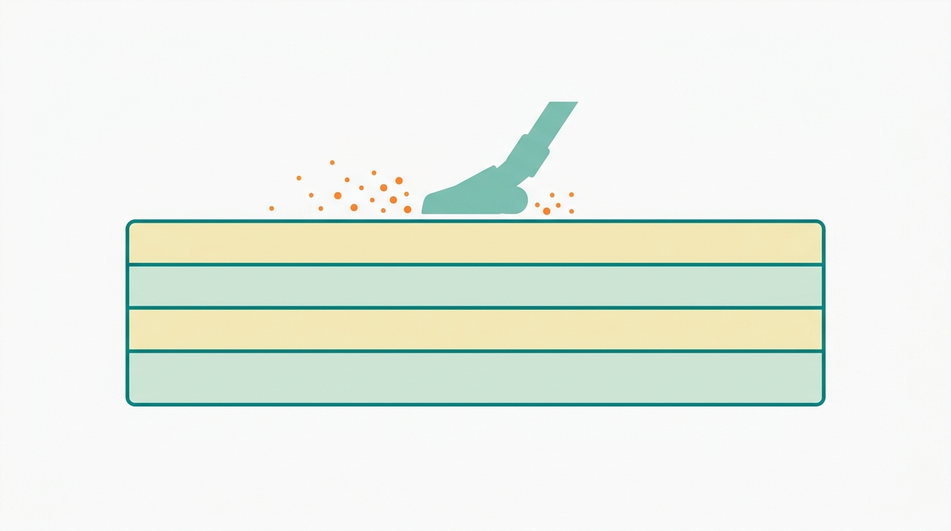 Flat editorial diagram showing a cross-section of a mattress in landscape 16:9 format. The mattress is drawn as a wide, low rectangle with 4 visible internal layers filled in #F2E8B8 and #CCE3D4, outlined in #008282. Above the mattress, a simplified vacuum nozzle silhouette in #78C2B2 moves across the top surface. Small #FF8A30 dots scattered near the top layer represent dust and particles being removed. Background is #F9F9F9 with generous whitespace. No text, no labels, no gradients.