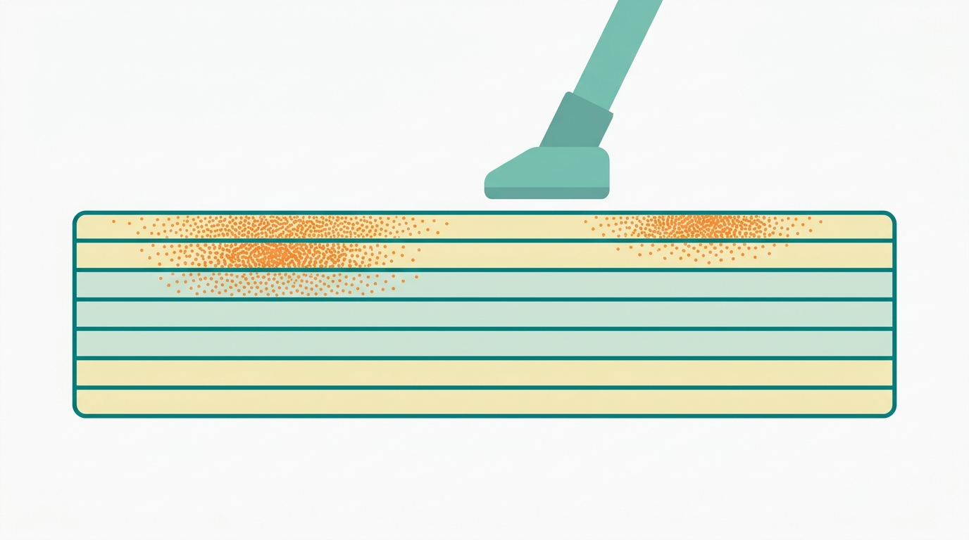 Flat vector diagram showing a cross-section of a mattress (wide rectangle in 6:1 ratio, layers in #F2E8B8 and #CCE3D4 outlined in #008282) with symbolic zones indicating accumulated dust and micro-particles in #FF8A30 near the top layer, and clean protected layers in #CCE3D4 below. A simple flat vector vacuum/extraction nozzle shape in #78C2B2 approaches from above. Background #F9F9F9. No text, no faces, no bedroom props.