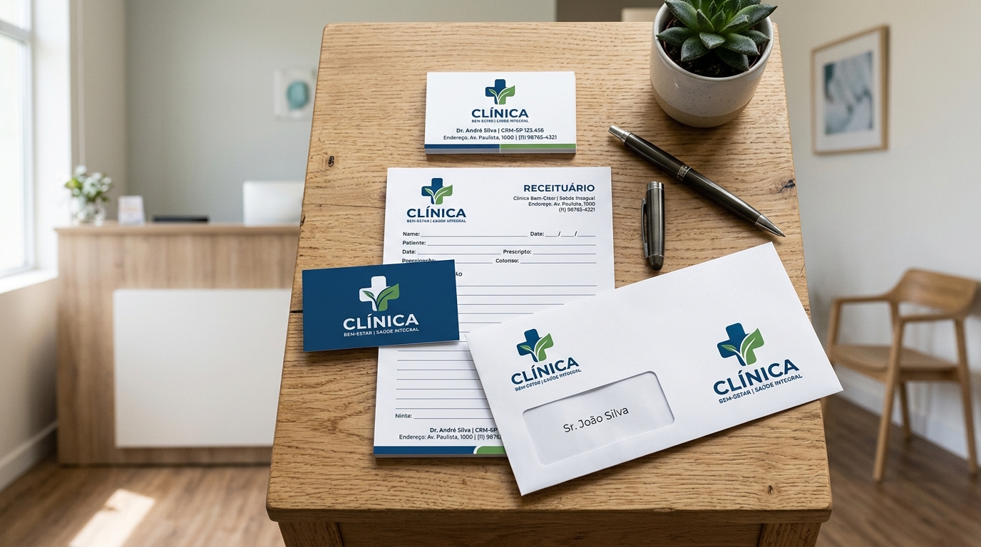 Fotografia de uma mesa com materiais de papelaria profissional de uma clínica de saúde, incluindo cartão de visita, receituário e envelope, todos com o mesmo logotipo e paleta de cores consistente